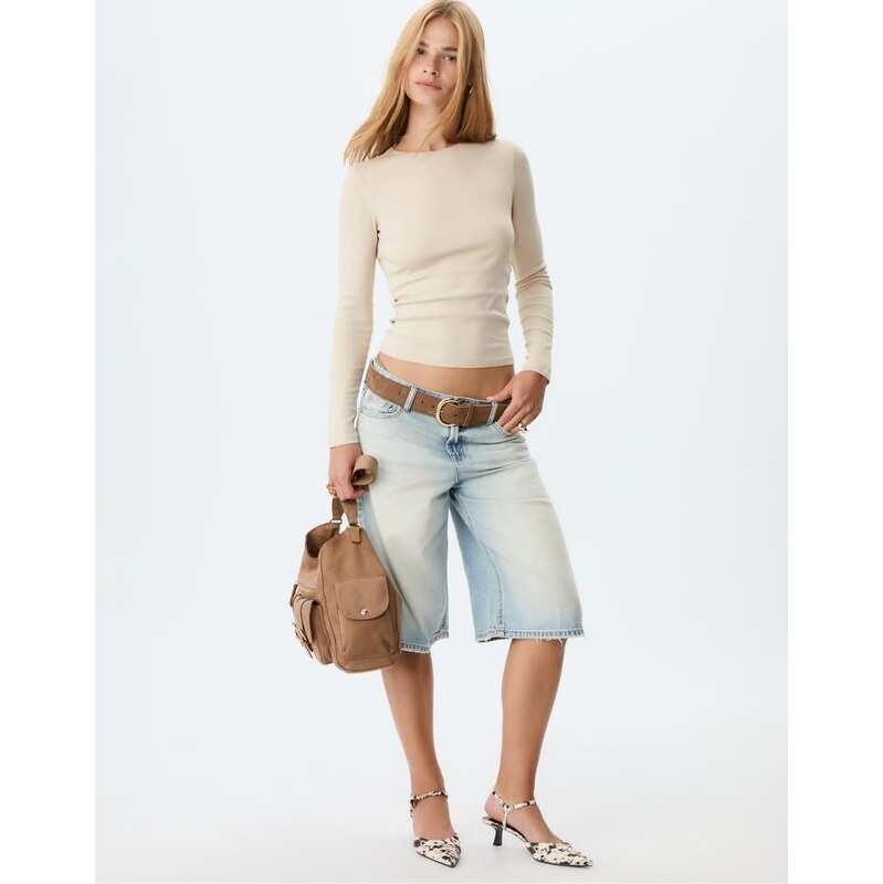 Stradivarius Long sleeve basic t-shirt in stone-White 108114994