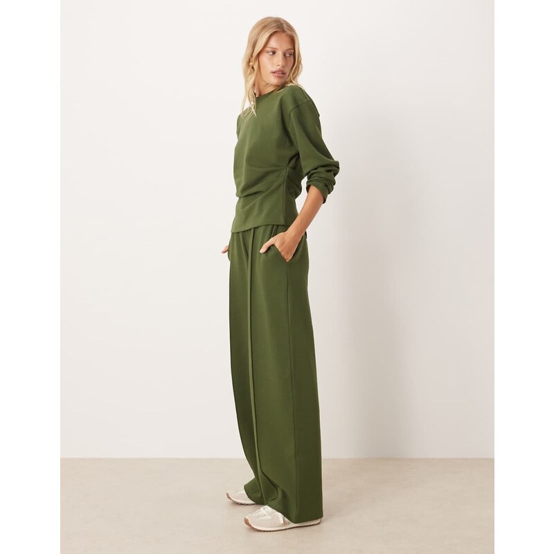ASOS DESIGN co-ord interlock wide leg trouser in khaki-Green