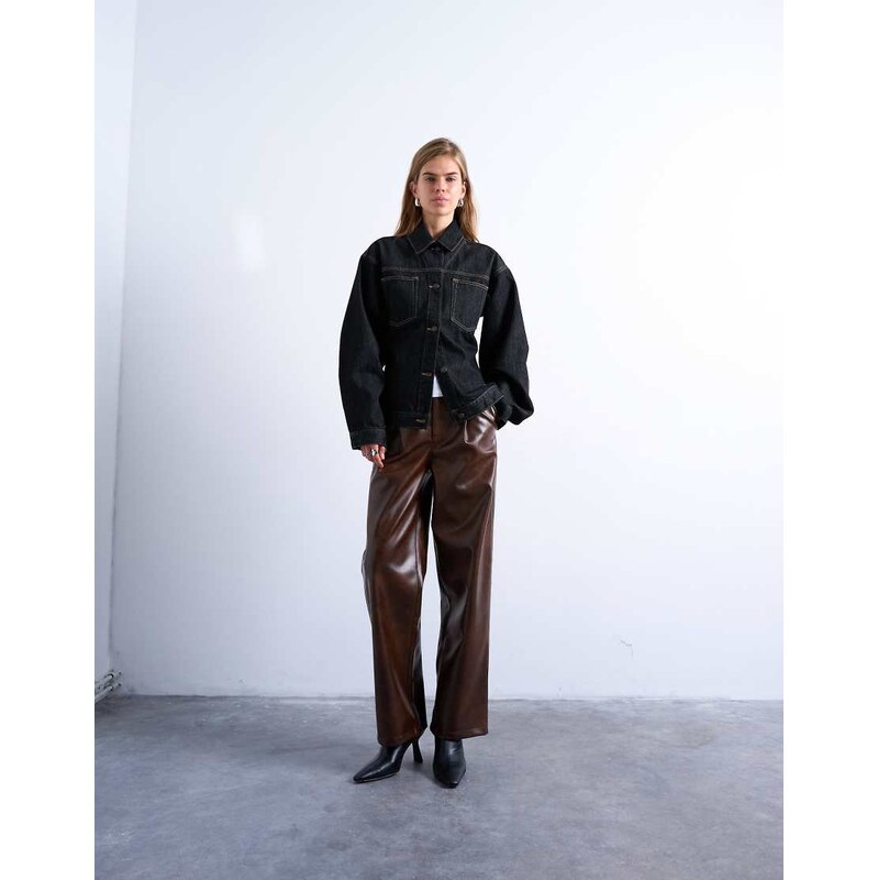 Topshop faux leather pleated straight leg trouser in rust-Orange