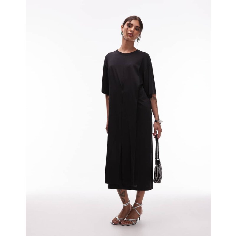 ARKET cotton blend half sleeve wrap waist midaxi dress in black