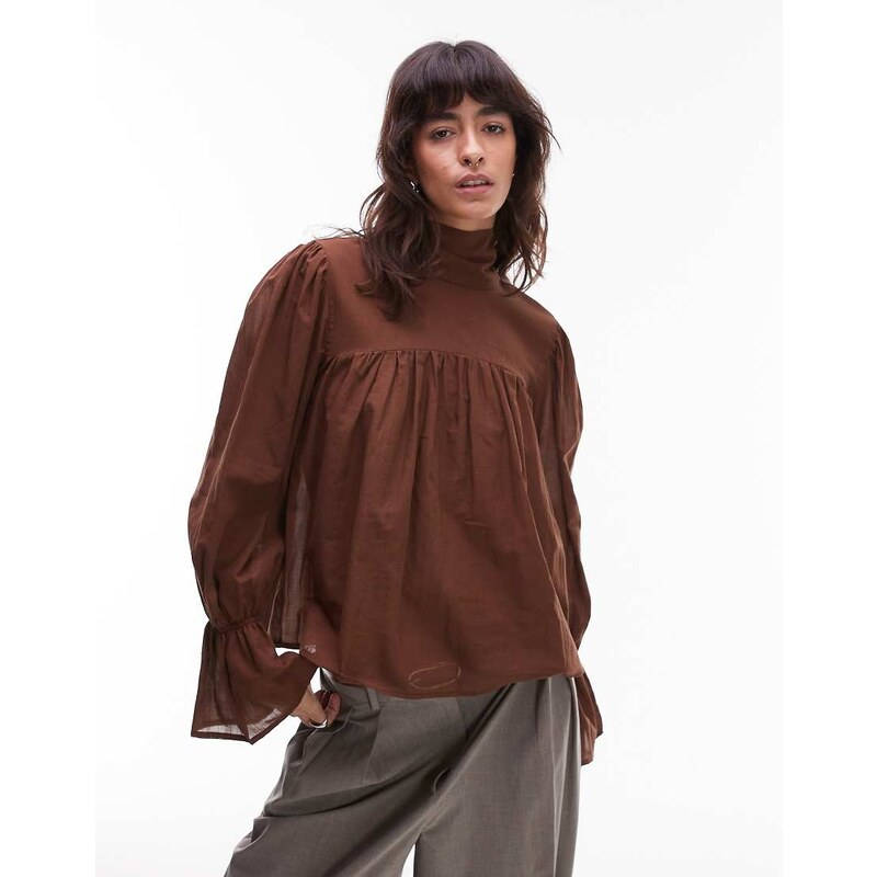 ASOS DESIGN high neck blouson sleeve blouse in chocolate-Brown 111124183
