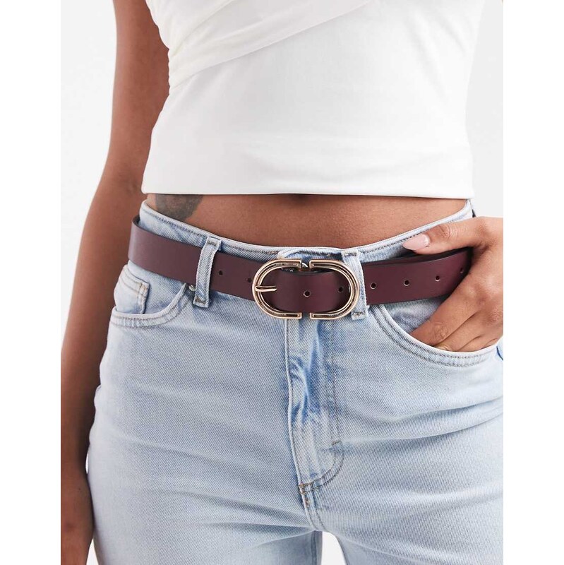 ASOS DESIGN waist and hip jeans belt with gold buckle in burgundy-Red 108123095