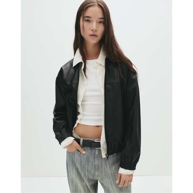 Pull&Bear Faux leather bomber jacket in black 108123223