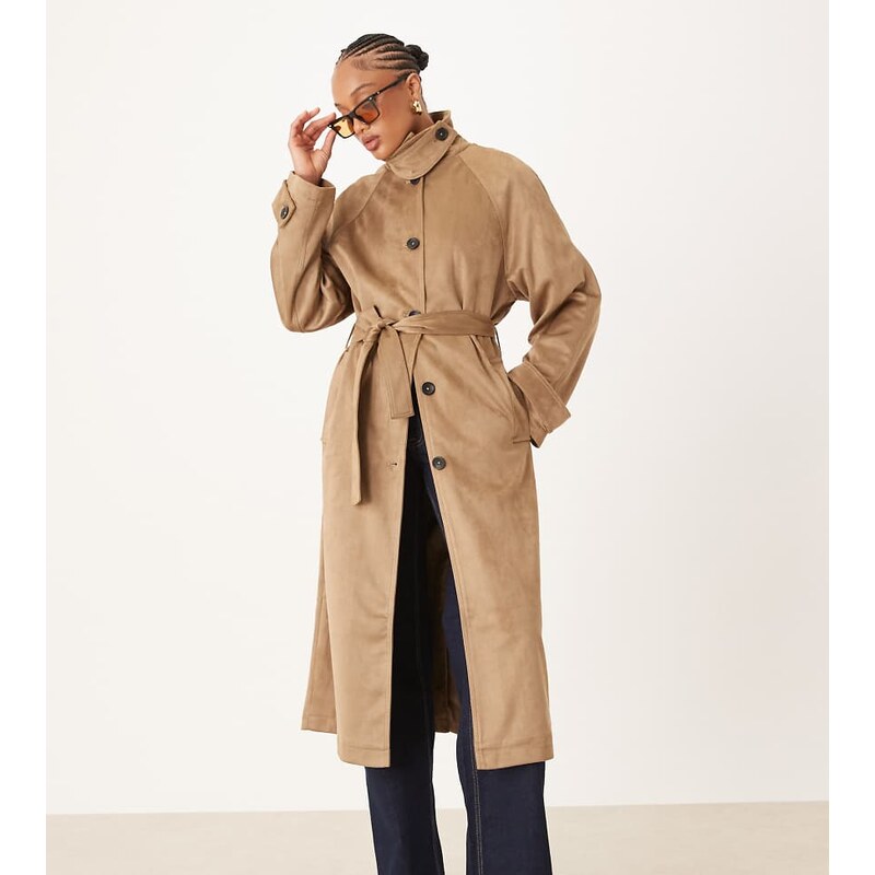 ASOS Tall ASOS DESIGN Tall faux suede funnel neck trench coat in stone 108115935