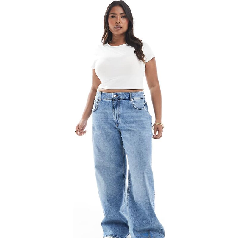 ONLY Curve Juicy wide leg jeans in mid blue