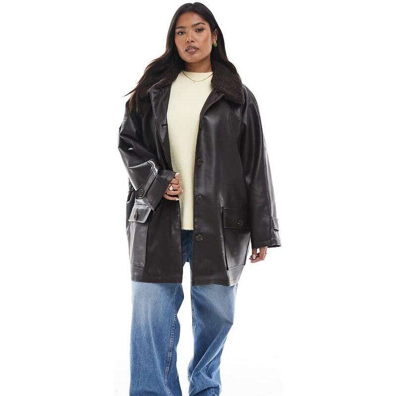 ASOS Curve ASOS DESIGN Curve leather look jacket with borg collar and 108115953