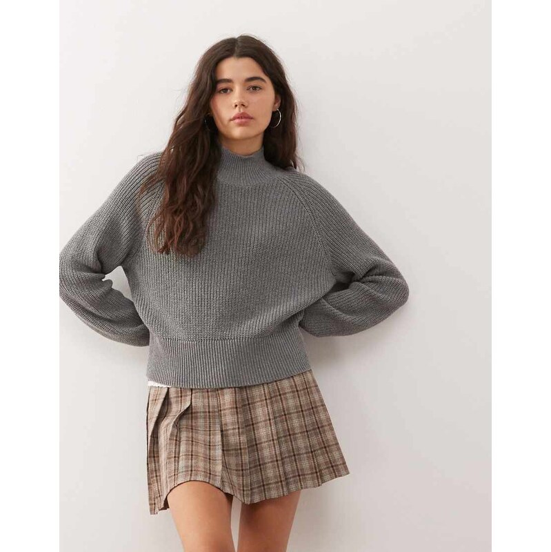 Noisy May high neck knit jumper in medium grey