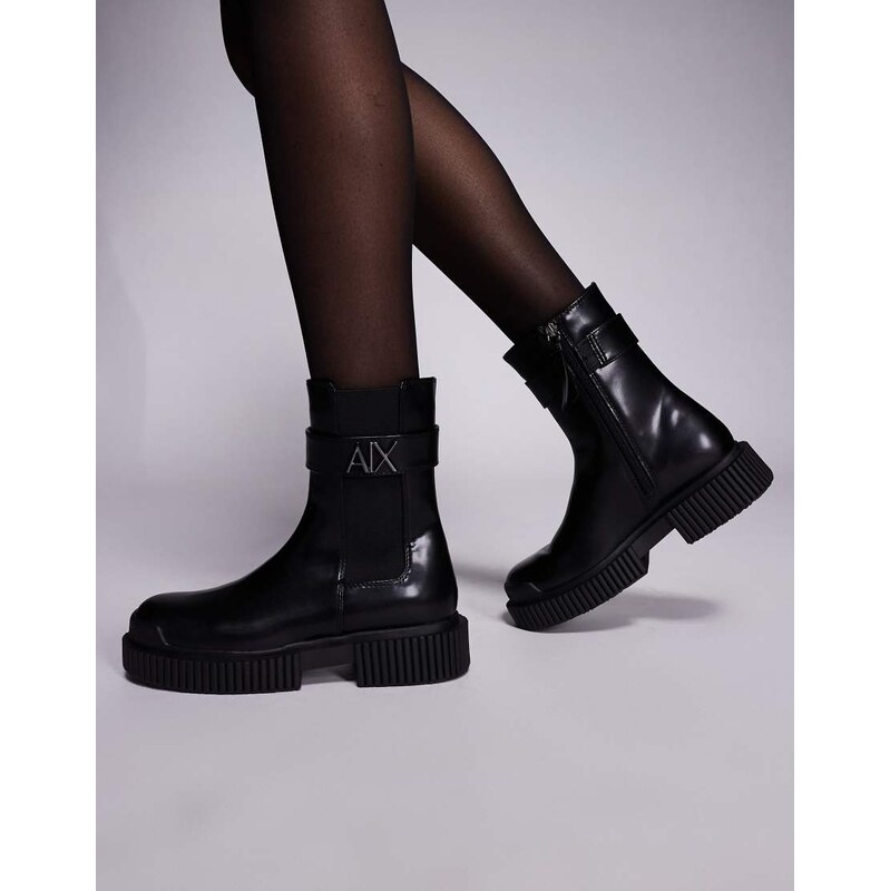 Armani Exchange buckle logo ankle boots in black 108115994