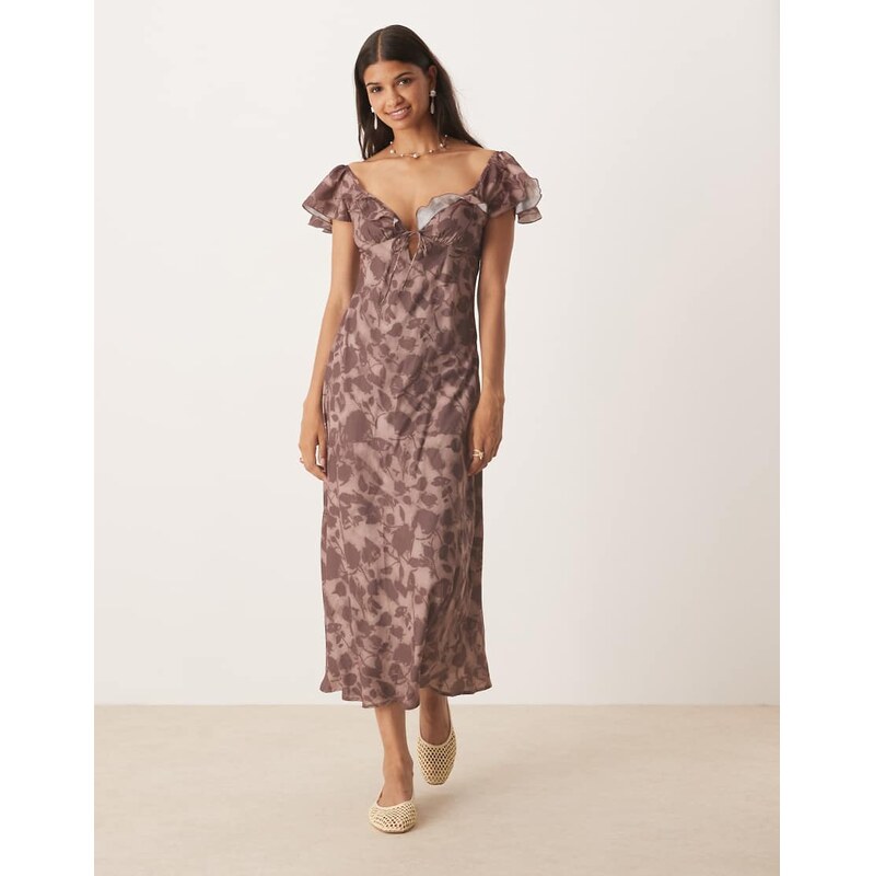Kiss The Sky frilly midaxi dress with flutter sleeve in espresso