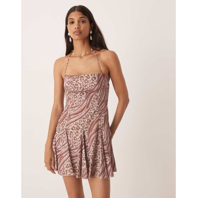 Kiss The Sky halter strap animal print mini dress in burgundy-Red 108116068