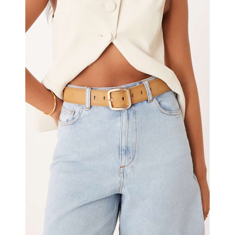 ASOS DESIGN square buckle in jeans in light tan-Brown 108116083