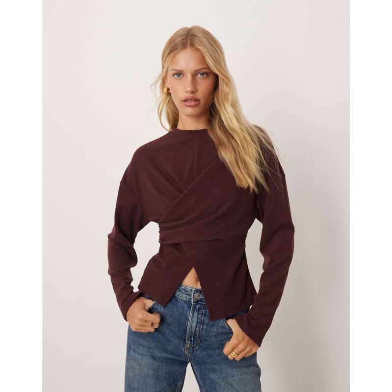 ASOS DESIGN textured wrap detail long sleeve in burgundy 115557195