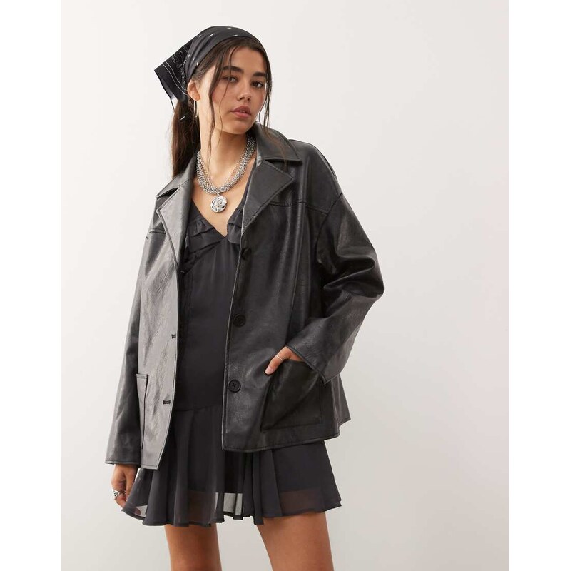 Reclaimed Vintage boxy fit leather look blazer in black 109594010