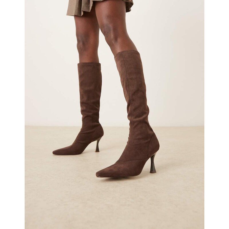 ASOS DESIGN Caitlin heeled sock knee boots in chocolate suedette-Brown 108199595