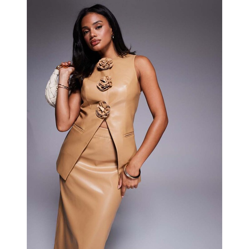 ASOS LUXE co-ord PU waist coat with 3D flowers in tan-Brown 115513151