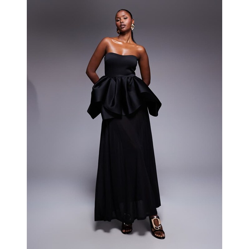 ASOS DESIGN Premium bandeau with sheer skirt maxi dress in black scuba-style fabric