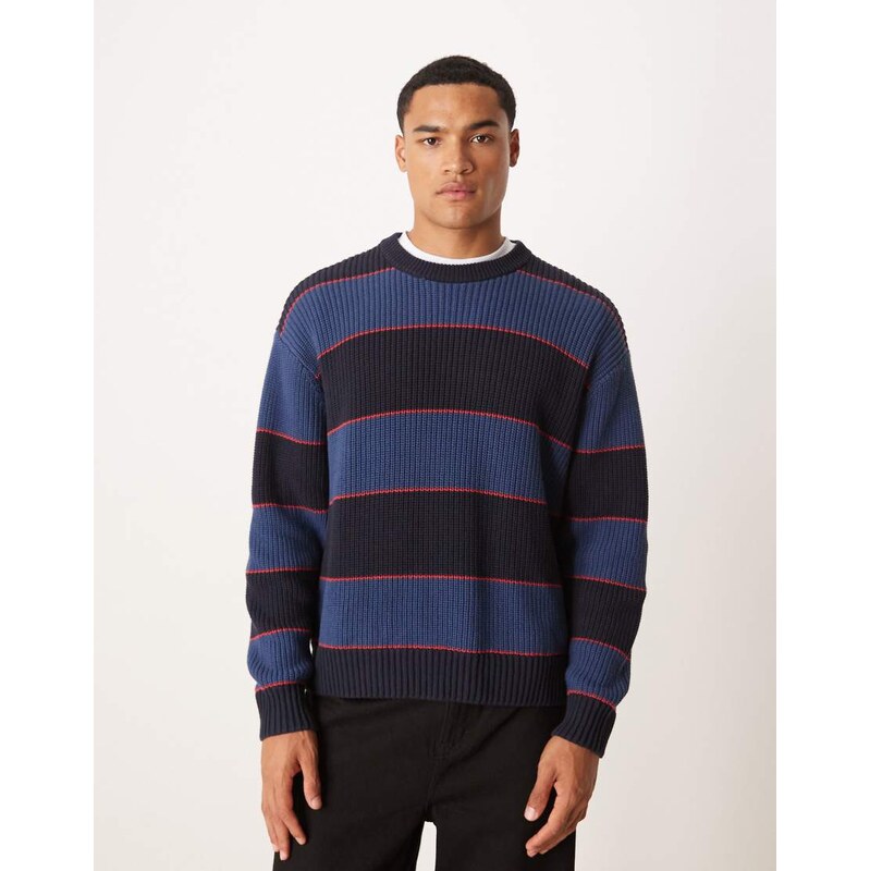 Abercrombie & Fitch knitted crew neck fisherman jumper in blue stripe 108123143
