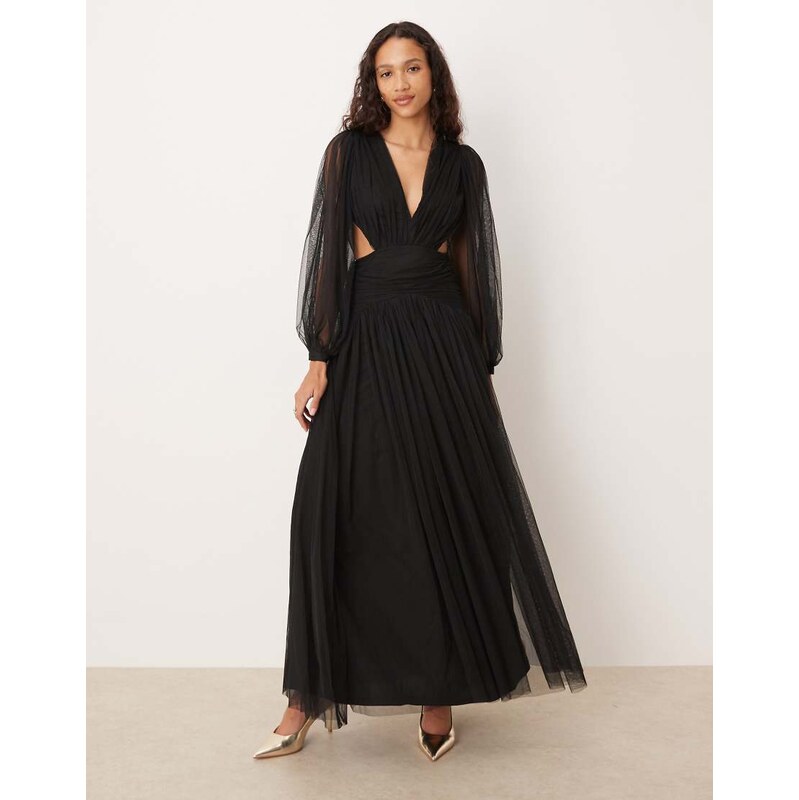 Lace & Beads plunge drop hem tulle maxi dress in black 110501570