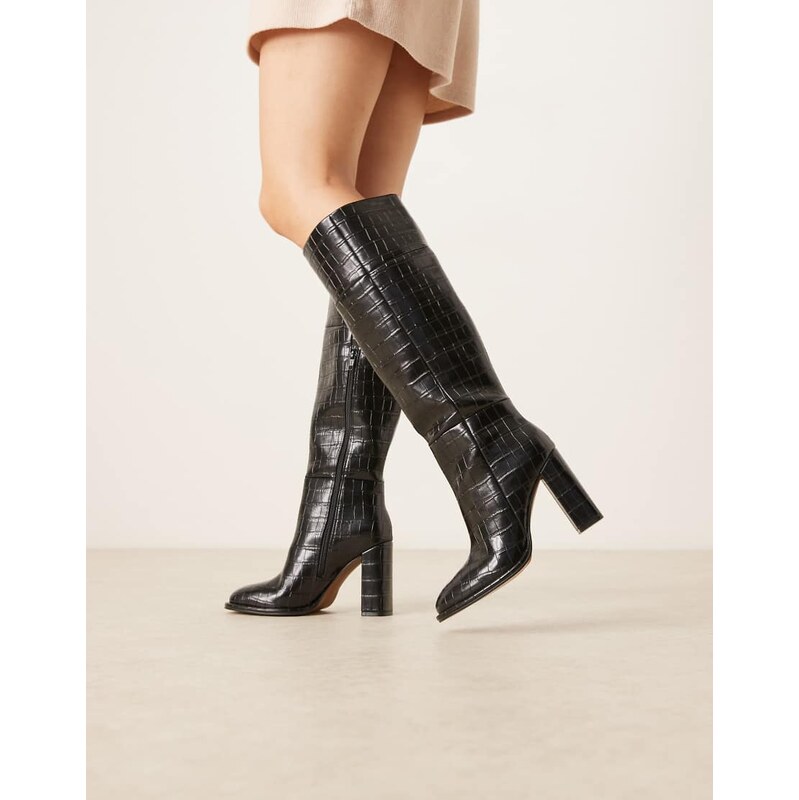 ASOS DESIGN Courtney block heel knee boots in black croc 108218864