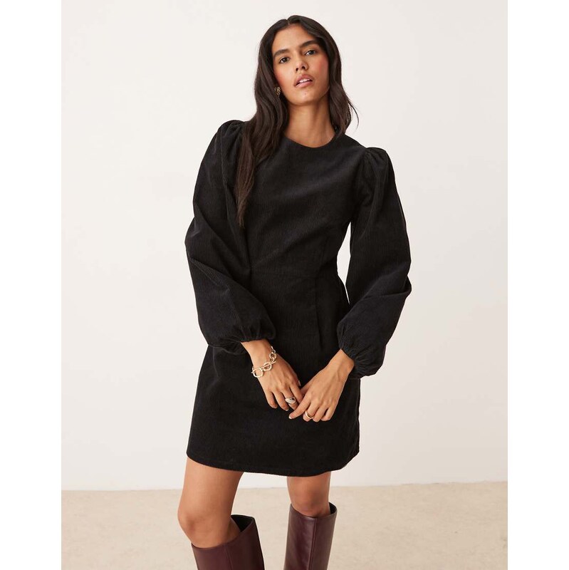 Nobodys Child Peggy balloon sleeve cord mini dress in black