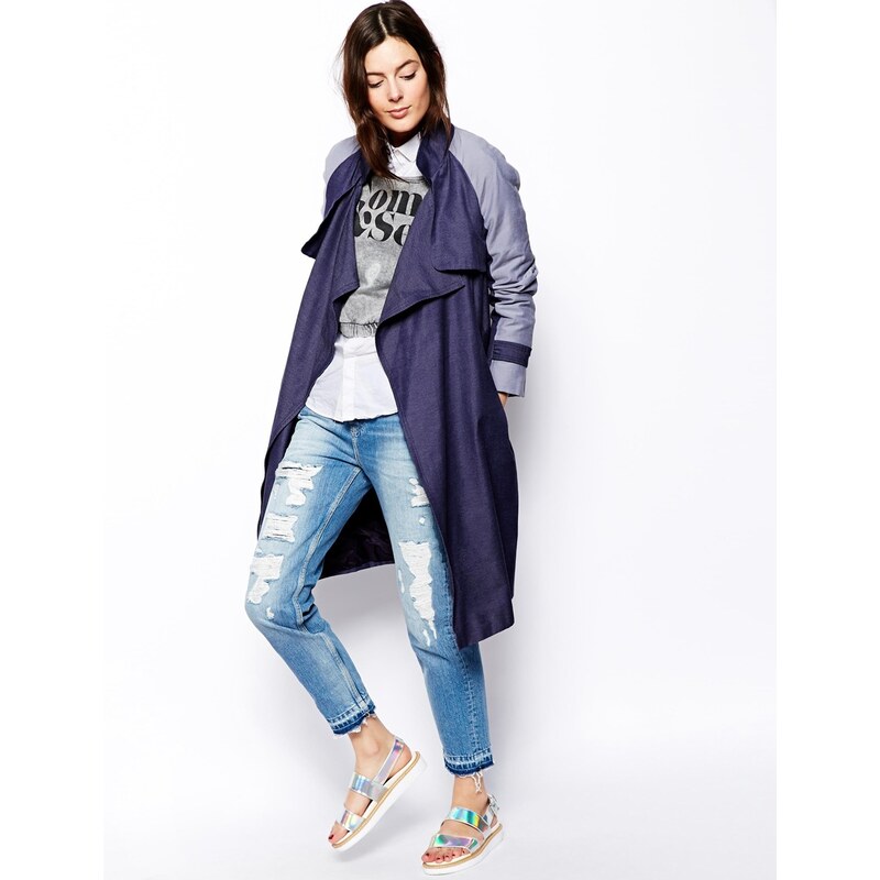 ASOS Duster Mac with Waterfall Front in Denim - Blue