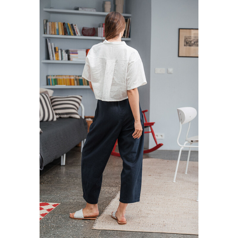 youngprimitive - Kalhoty a šortky Sunna Len - navy blue linen