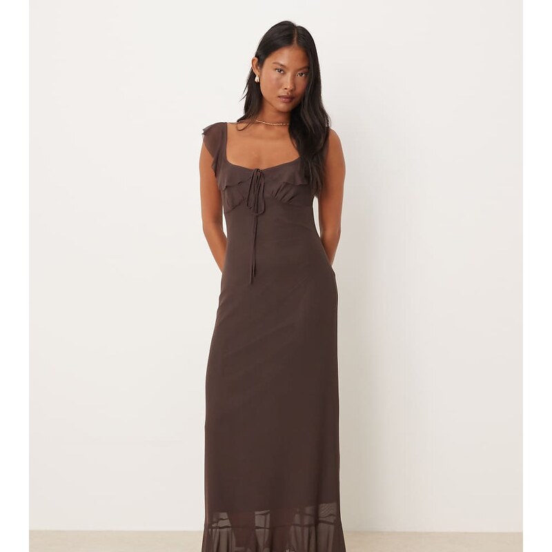 ASOS Petite ASOS DESIGN Petite frill front and straps midi dress in 108129048