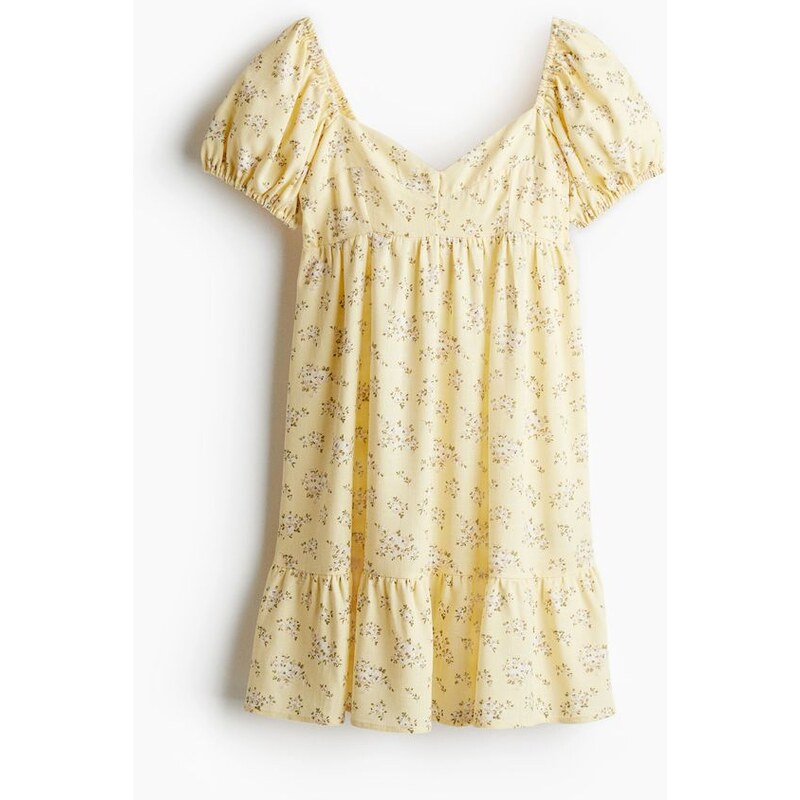 H&M - Šatys nabíranými rukávy - Světle Žlutá/Květy