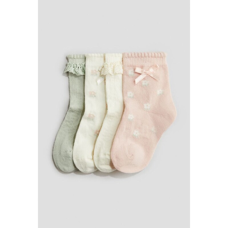 H&M - Ponožky 4 páry - Světle Růžová/Květy