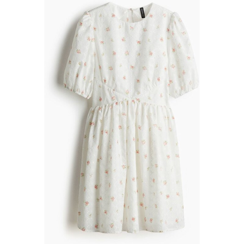 H&M - Vyšívané šaty odhalující záda - Bílá/Květiny