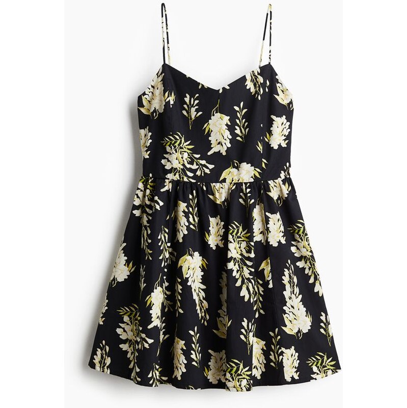 H&M - Bavlněné šatys rozšířenou sukní - Černá/Květy