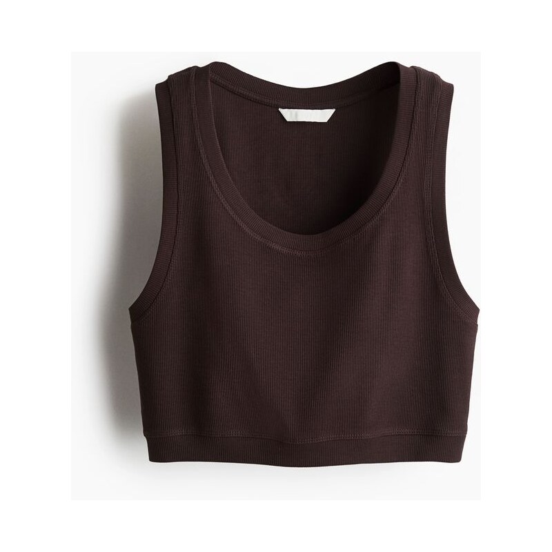 H&M - Žebrovaný croptop bez rukávů - Tmavě Hnědá