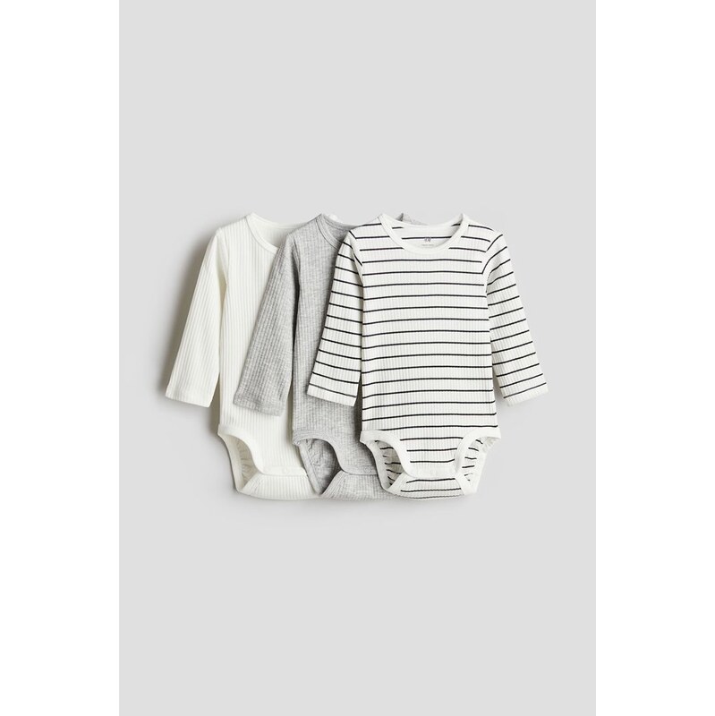 H&M - Žebrované body 3 kusy - Šedá/Proužky