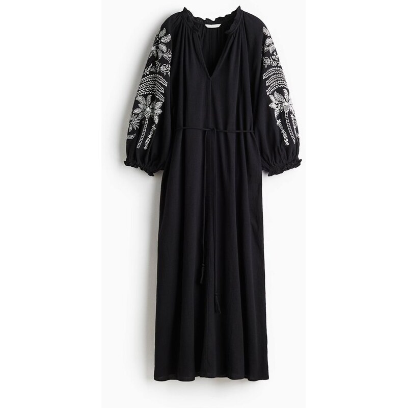 H&M - Bavlněné šatys výšivkou - Černá