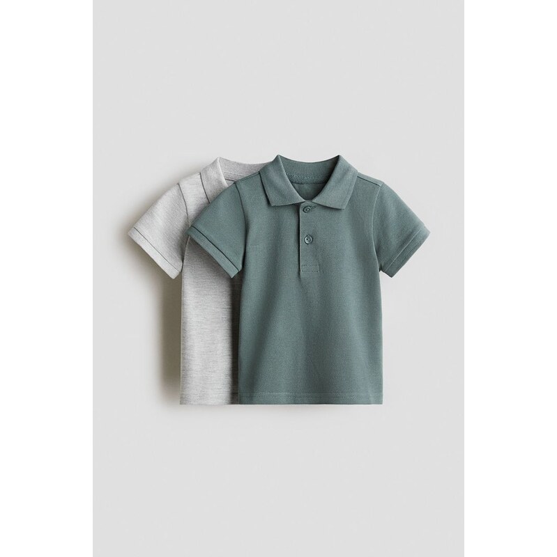 H&M - Bavlněné tričkos límečkem 2 kusy - Tlumená Tyrkysová/Šedý