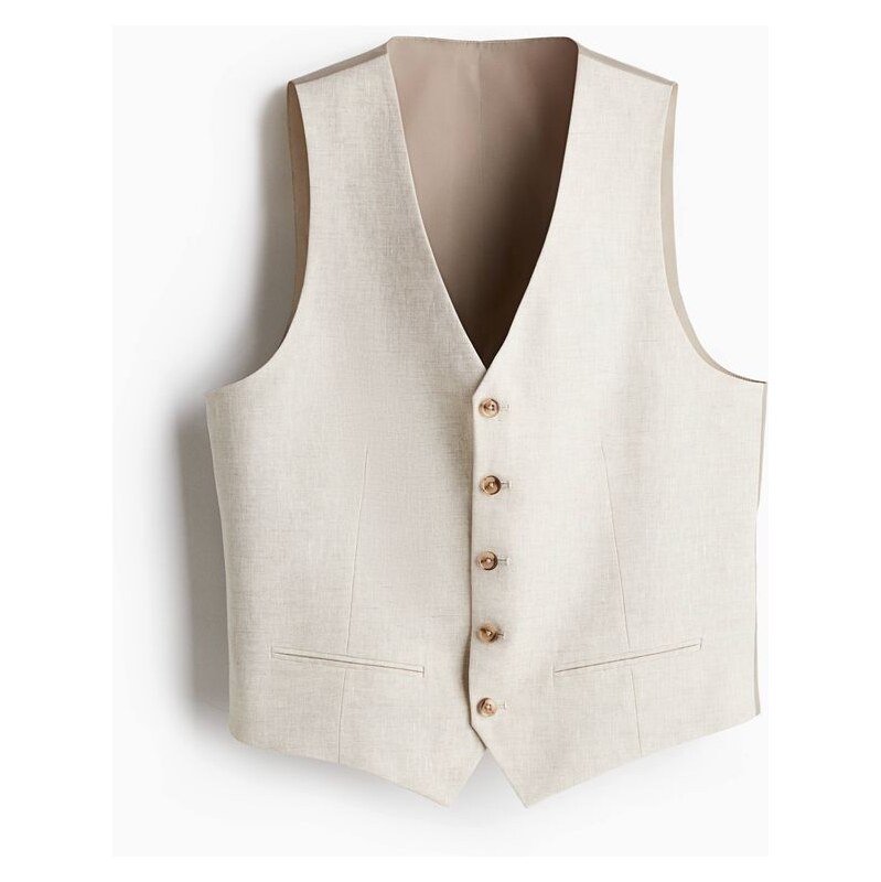 H&M - Lněná společenská vesta Slim Fit - Světle Béžová