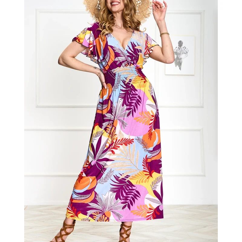 Resti Purple womens long dress with floral print - Clothing 108139991