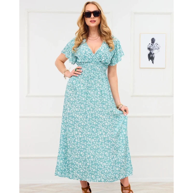 Resti Long green womens dress with floral motif - Clothing 108139994