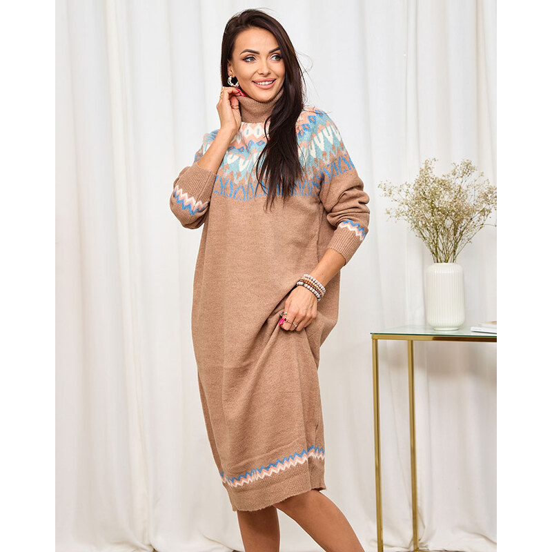 Resti Brown womens sweater dress with turtleneck and print 108140040