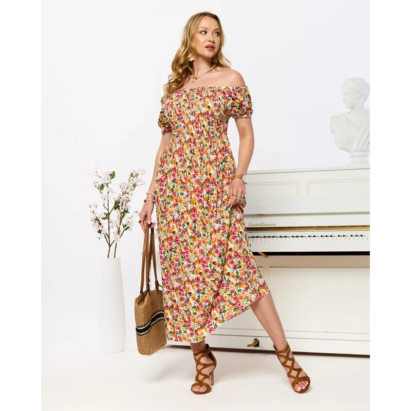 Resti White womens midi dress with floral pattern- Clothing 108140049