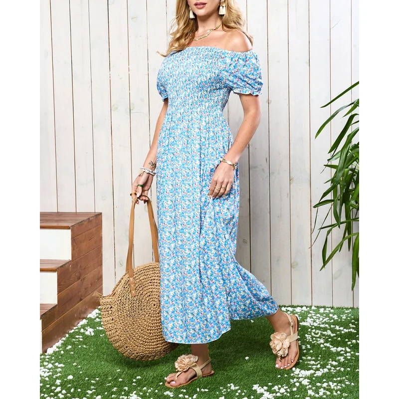 Resti Blue womens midi dress with floral pattern - Clothing 108140054