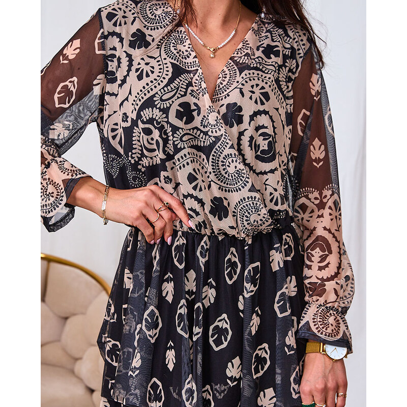 Resti Black and beige mesh midi dress with print 108140069
