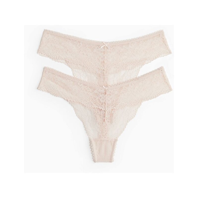H&M - Krajkové kalhotky thong 2 kusy - Pudrově Růžová