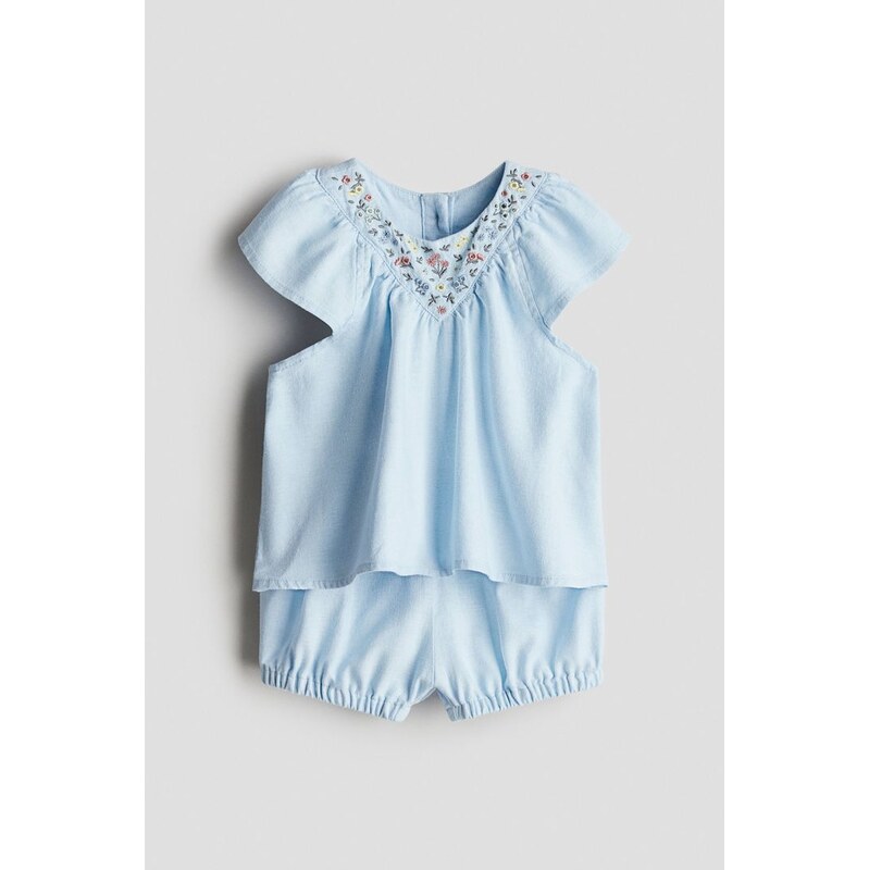 H&M - Dvoudílná souprava z lněné směsi - Bleděmodrá/Květiny