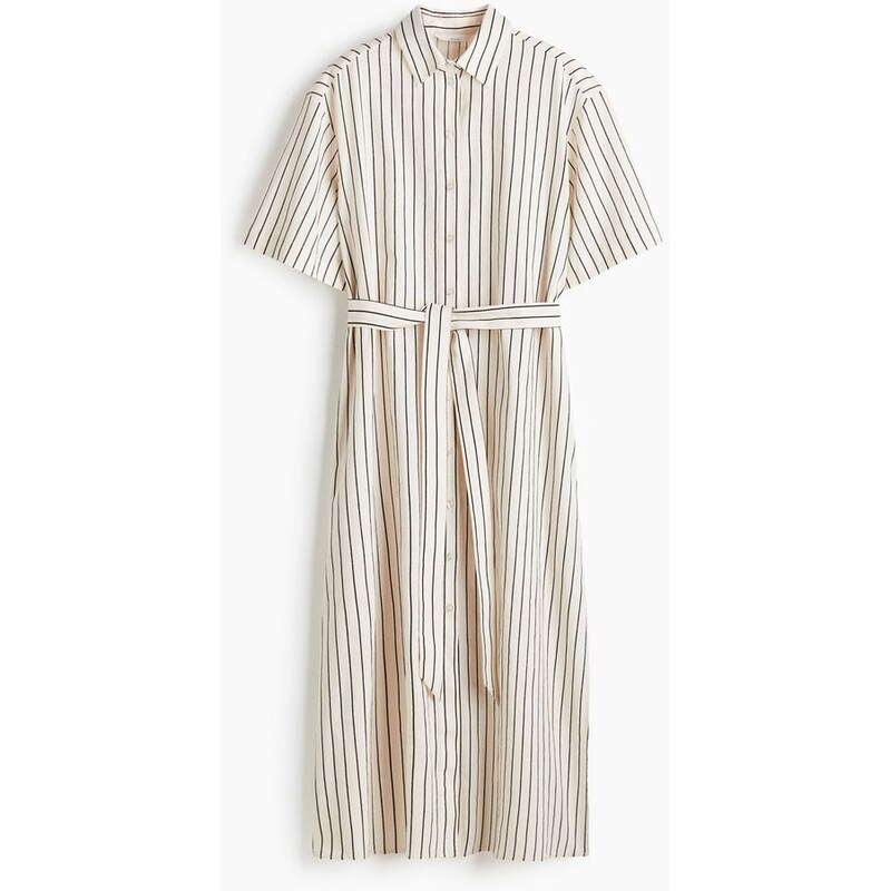 H&M - Košilové šaty ze směsi lnu - Krémová/Proužky