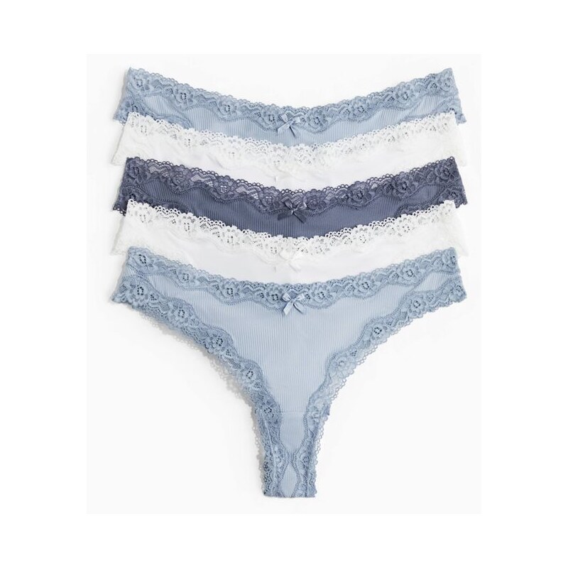 H&M - Kalhotky brazilian z mikrovlákna a krajky 5 kusů - modrá 108140382