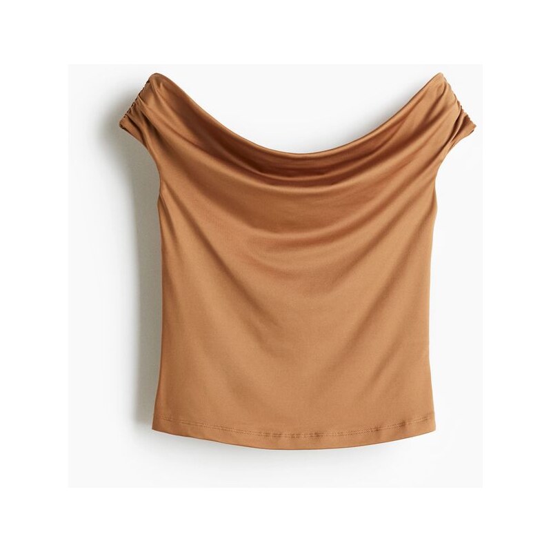 H&M - Řasený top odhalující ramena - Světle Hnědá