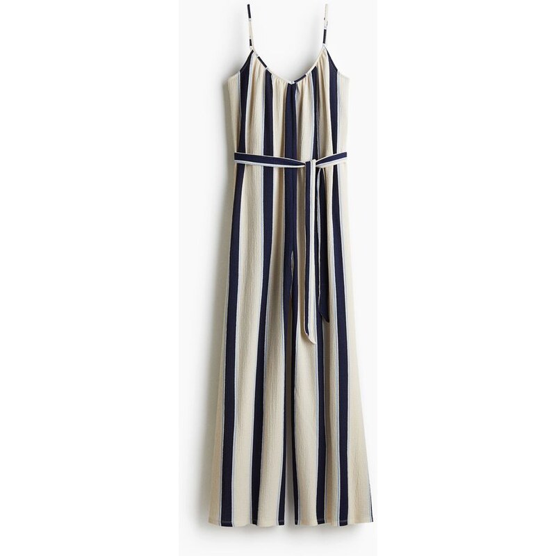 H&M - Overals vázacím páskem - Krémová/Proužky