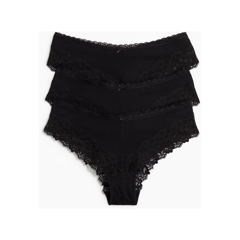 H&M - Kalhotky hipster z bavlny a krajky 3 kusy - Černá