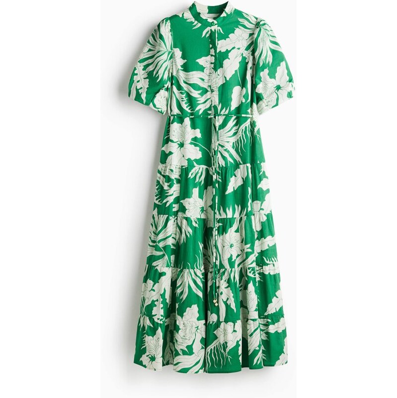 H&M - Dlouhé bavlněné šaty - Zelená/Květy